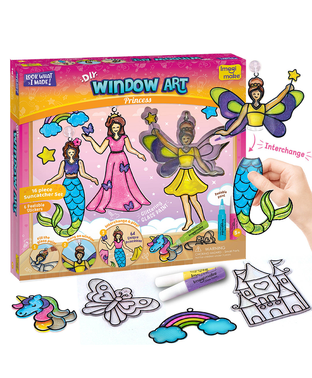 Imagimake Princess-Themed Window Art Craft Kit: 16-Piece Glass Painting Set with Mermaid and Unicorn Designs - Ideal for Girls Aged 5 Years & Up