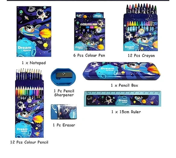 Assorted Theme All-in-One Stationery Set, Stationery Items with Pencil Box, Notebook, Scale, Eraser, Sharpener, Crayons, Color Pencils, Color Pens, Pencils for Kids