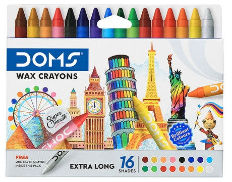DOMS Long Wax Crayon 16 pcs - Multicolor - Pack of 8 Pcs