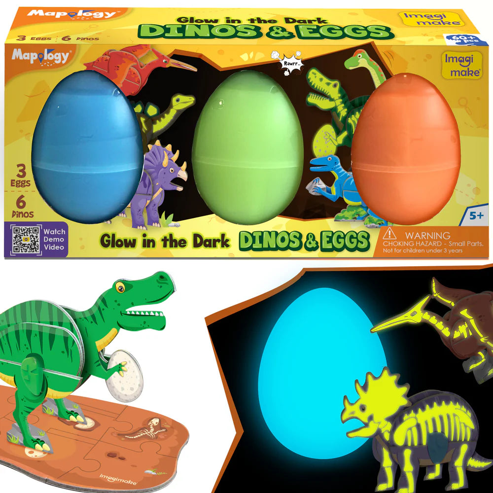 Imagi Make Glow in The Dark Dinos & Eggs - Set of 3 Eggs - 6 Dinos - Multicolor