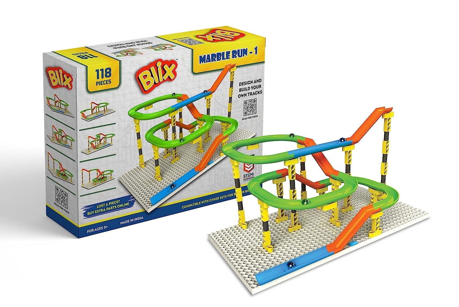 Blix Marble Run 1 Design & Build Your Own Track 118 pcs for Kids - Multicolor