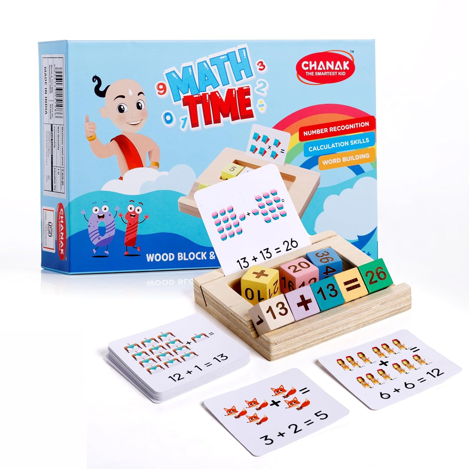 Chanak Wooden MathTime for Kids, Educational Math Card Game with Wooden Block & Flashcards - Multicolor
