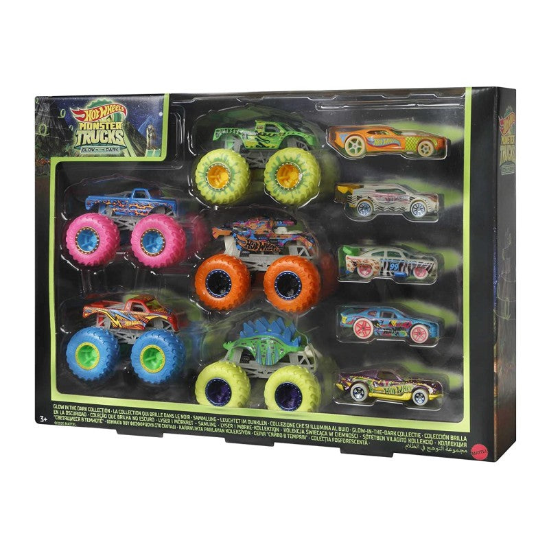 Hot Wheels Monster Trucks Glow In The Dark Multipack Of 10 Collectible For Gift - Multicolor
