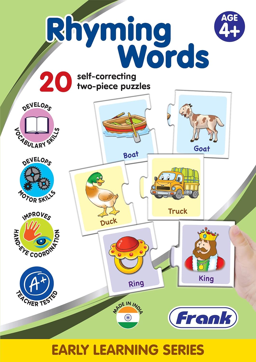 Frank Rhyming Words Puzzle – 40 Pieces, 20 Self-Correcting 2-Piece Puzzles, Early Learner Educational Jigsaw Puzzle Set with Images For Kids - Multicolor