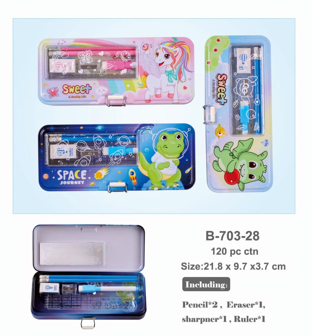 1 Unicorn Metal Pencil Box , 1 Sharpener , 1 Unicorn Eraser and ,  UnicornThemed