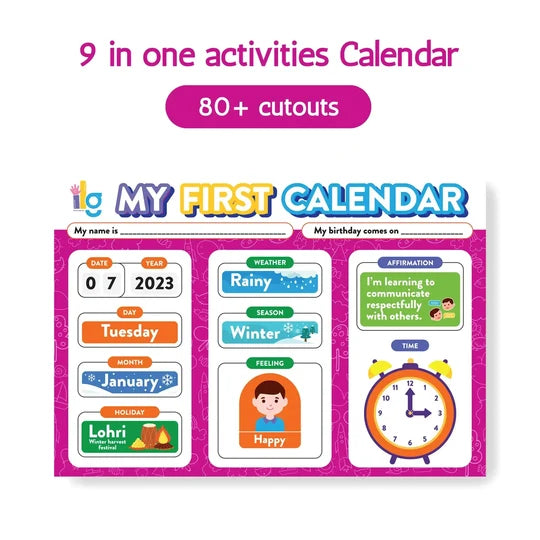 iLearnNGrow My Daily Planner Calendar – 9 in 1 activity - Concept- Day, Date,Year,Festival,Time,Affirmation,Month, Weather, Season, Feelings 2+ year