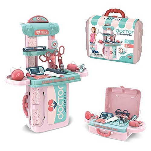 3 in 1 Doctor Set Toy with Portable Medical Clinic Suitcase & Equipment for Little Doctor's & Nurses,Doctor Kit Toy with Trolley Suitcase On Wheels