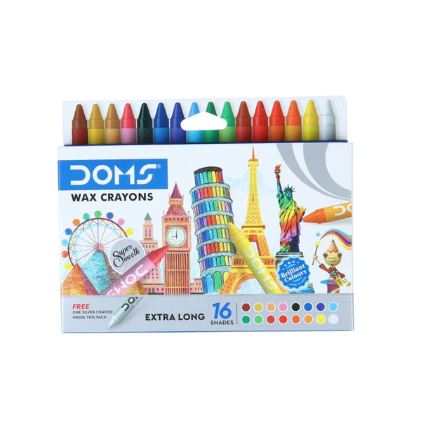 Doms Non-Toxic Extra Long Wax Crayon Set In Cardboard Box - 16 Assorted Shades - Pack of 8 Pcs