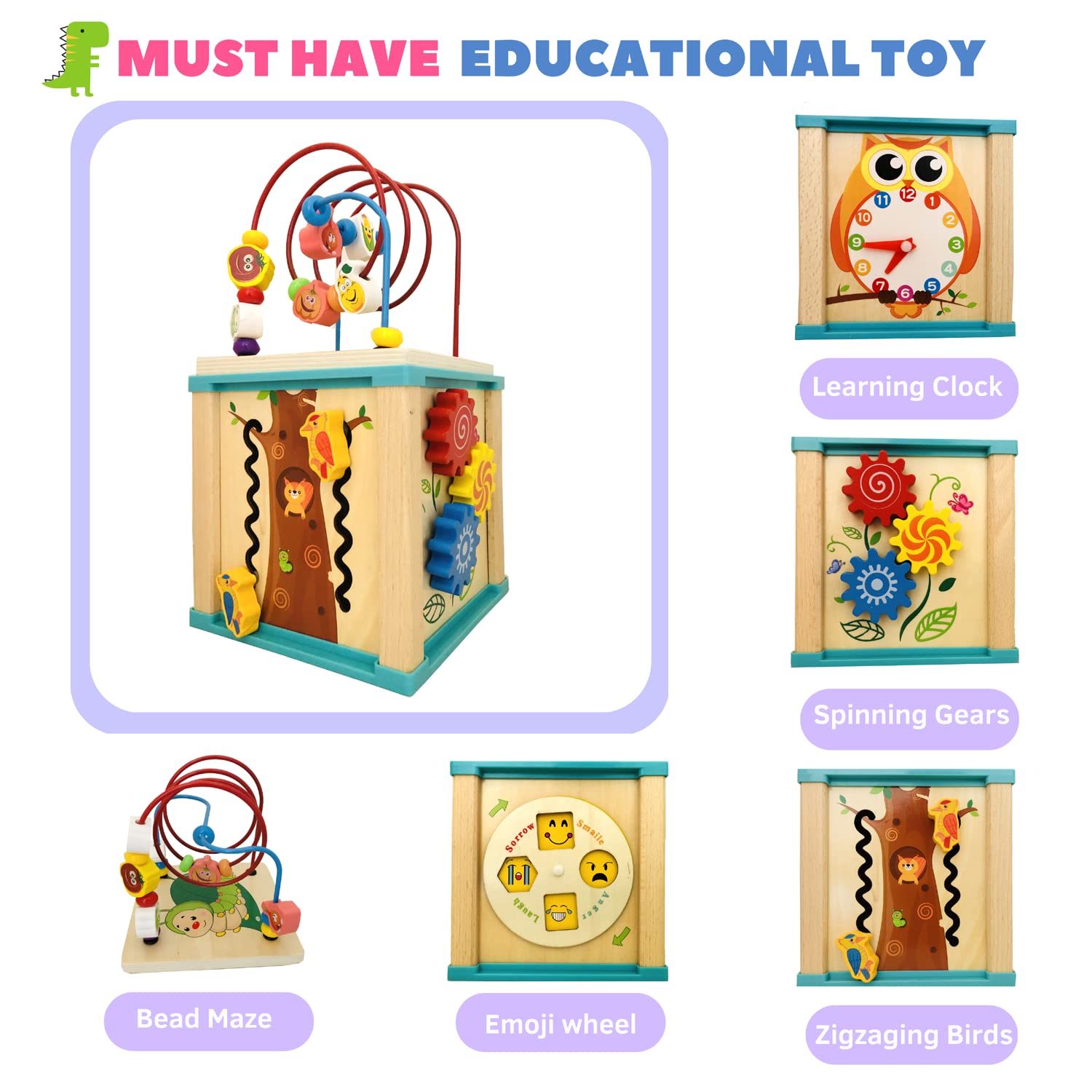 5 in 1 Wooden Baby Activity Cube | Kids Learning Toys for Kids - Multicolor