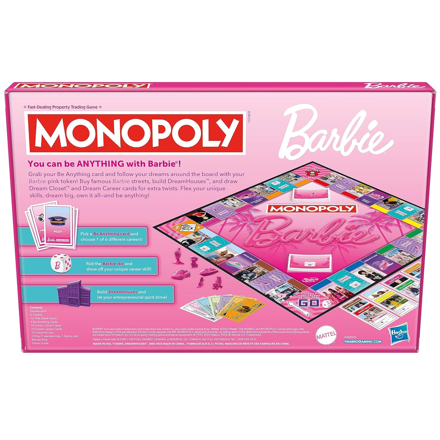 MONOPOLY: Barbie Edition Board Game, 2-6 Players, Fun Family Games for Kids and Adults - Pink