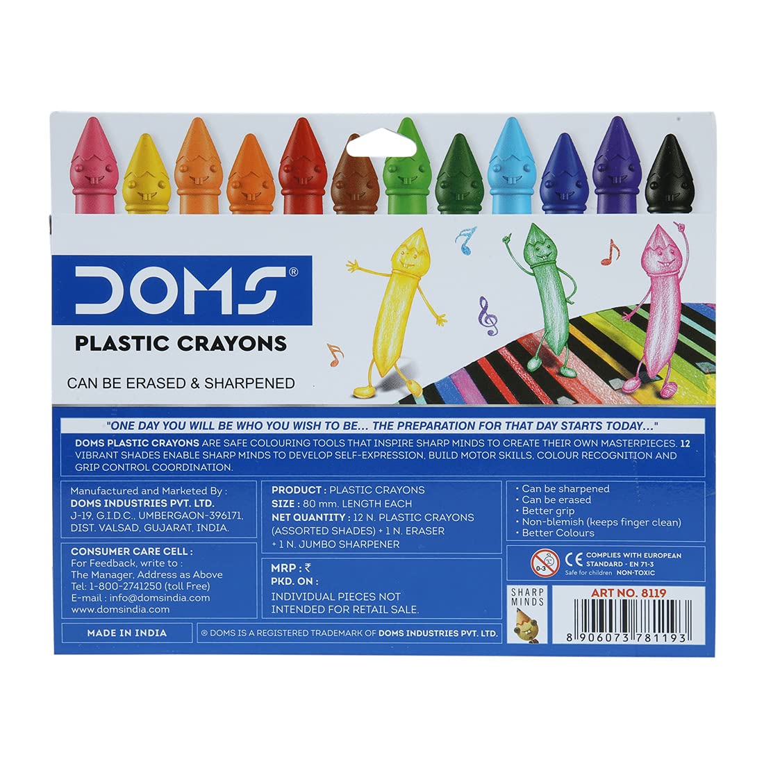 DOMS 12 Shades Dommymate Plastic Crayons | Can Be Erased & Sharped - Multicolor - Pack of 3 Pcs