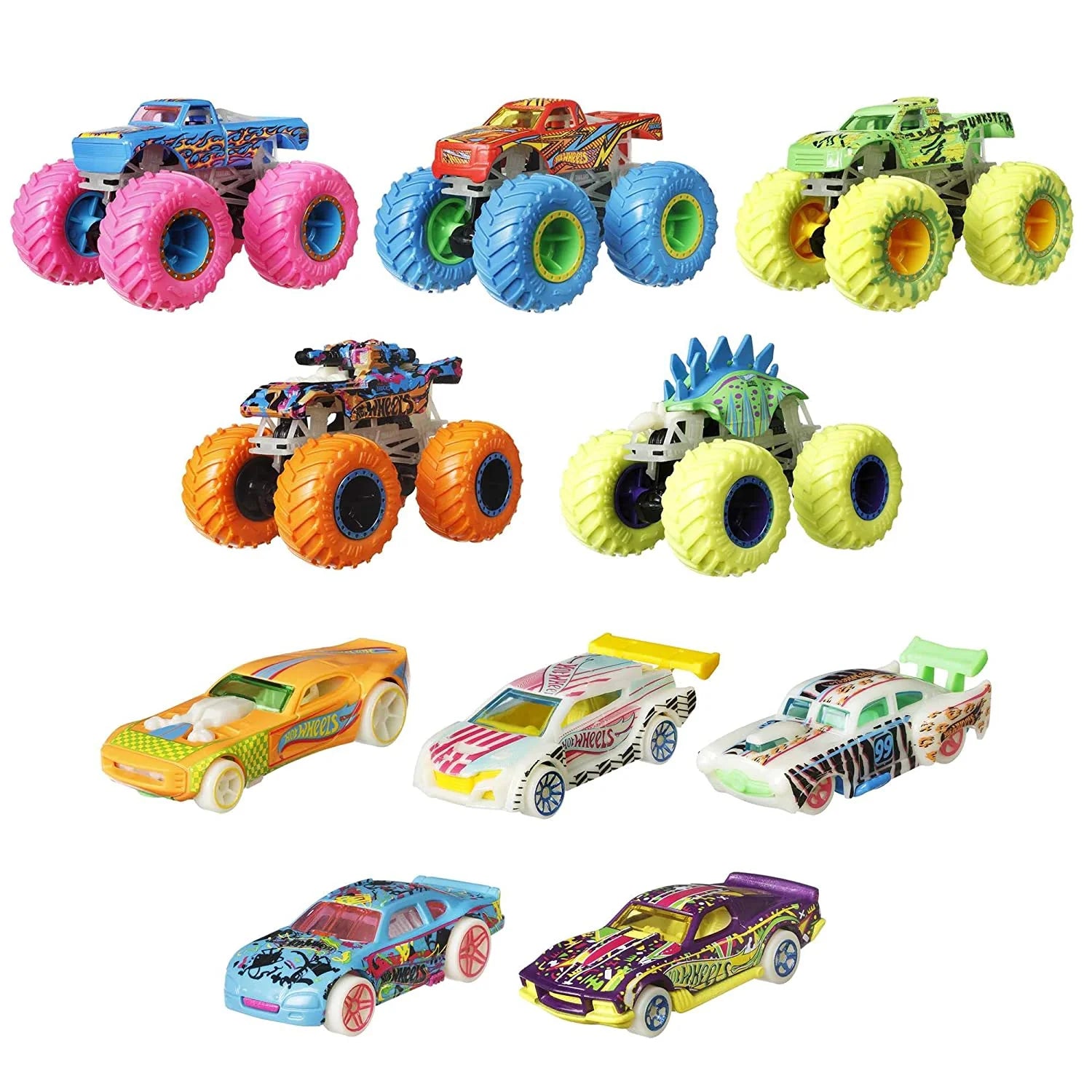 Hot Wheels Monster Trucks Glow In The Dark Multipack Of 10 Collectible For Gift - Multicolor