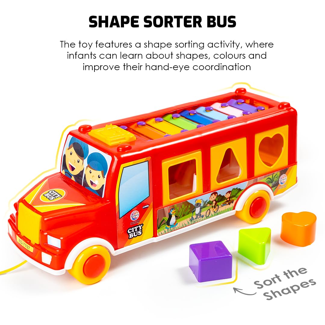Ratna's 3 in 1 Shape Sorter Xylophone Pull Along Bus Shaped Toy