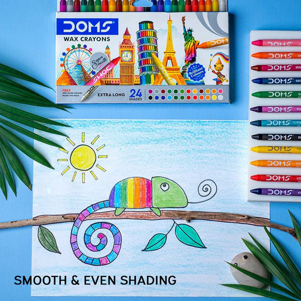 Doms Non-Toxic Extra Long Wax Crayon Set In Cardboard Box - 16 Assorted Shades - Pack of 8 Pcs