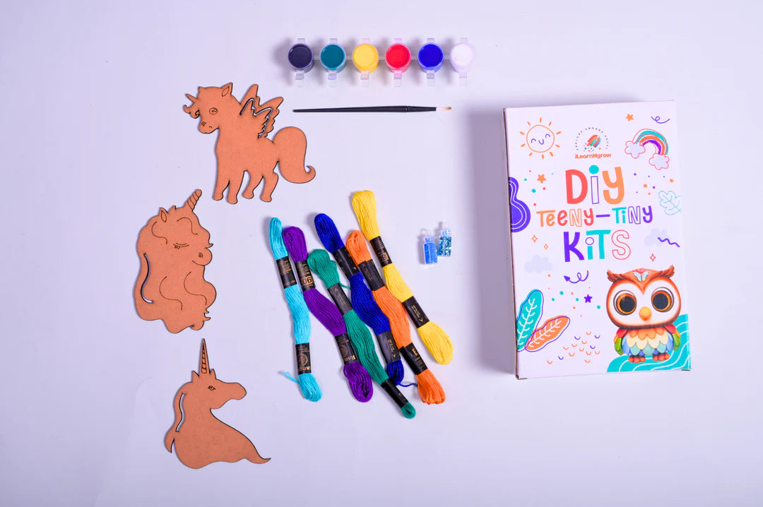 ilearnngrow Teeny Tiny DIY Unicorn Thread Kit for Kids – Paint, Glitter & Thread Craft Set