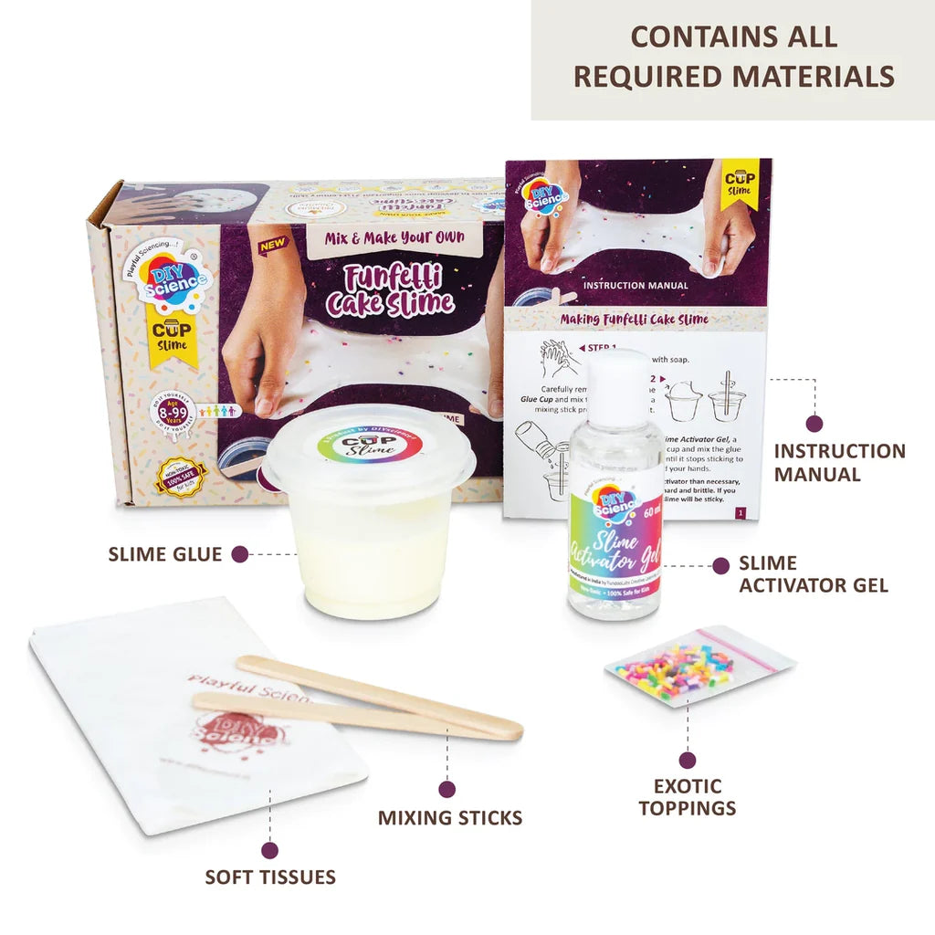 DIYScience Funfetti Cake Slime Kit, Slime Making Kit, 8+ Years, Make Thick, Super Glossy and Stretchy Slime, Cake Scented PVA Slime Glue, Activator Gel, Colorful Funfetti Toppings