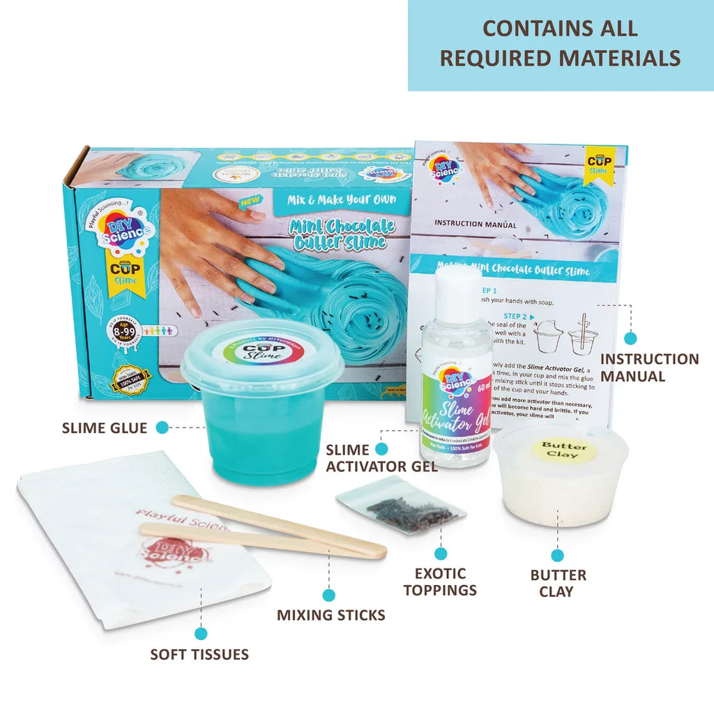 DIYScience Mint Chocolate Butter Slime Kit, 8+ Years, Make Fluffy & Stretchy Butter Slime, Scented Slime Glue, Activator Gel, Ultralight Foam Clay, Choco Sprinkles