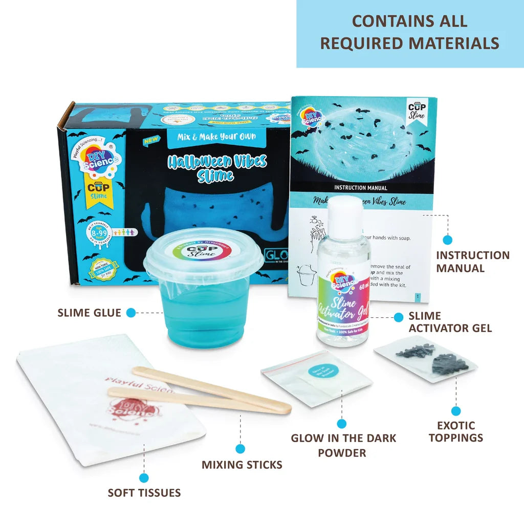 DIYScience Halloween Vibes Slime Kit, Glow in The Dark Slime Making Kit, Scented Slime Glitter Glue, Activator Gel, Aqua Blue Glow in The Dark Powder, Scary Bats Toppings