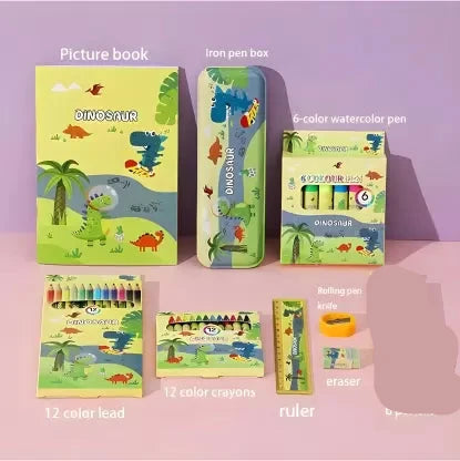 Assorted Theme All-in-One Stationery Set, Stationery Items with Pencil Box, Notebook, Scale, Eraser, Sharpener, Crayons, Color Pencils, Color Pens, Pencils for Kids
