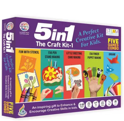 Ratna's 5 In 1 Craft Kit A perfect creative kit for kids - Fun with stencil,Eva pen stand making,little greeting card making & many more