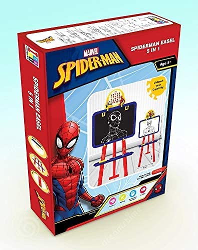 Itoys Spiderman Kids 5 in 1 Easel with Double-Sided Whiteboard & Chalkboard Standing Easel with Numbers and Other Accessories for Kids and Toddlers