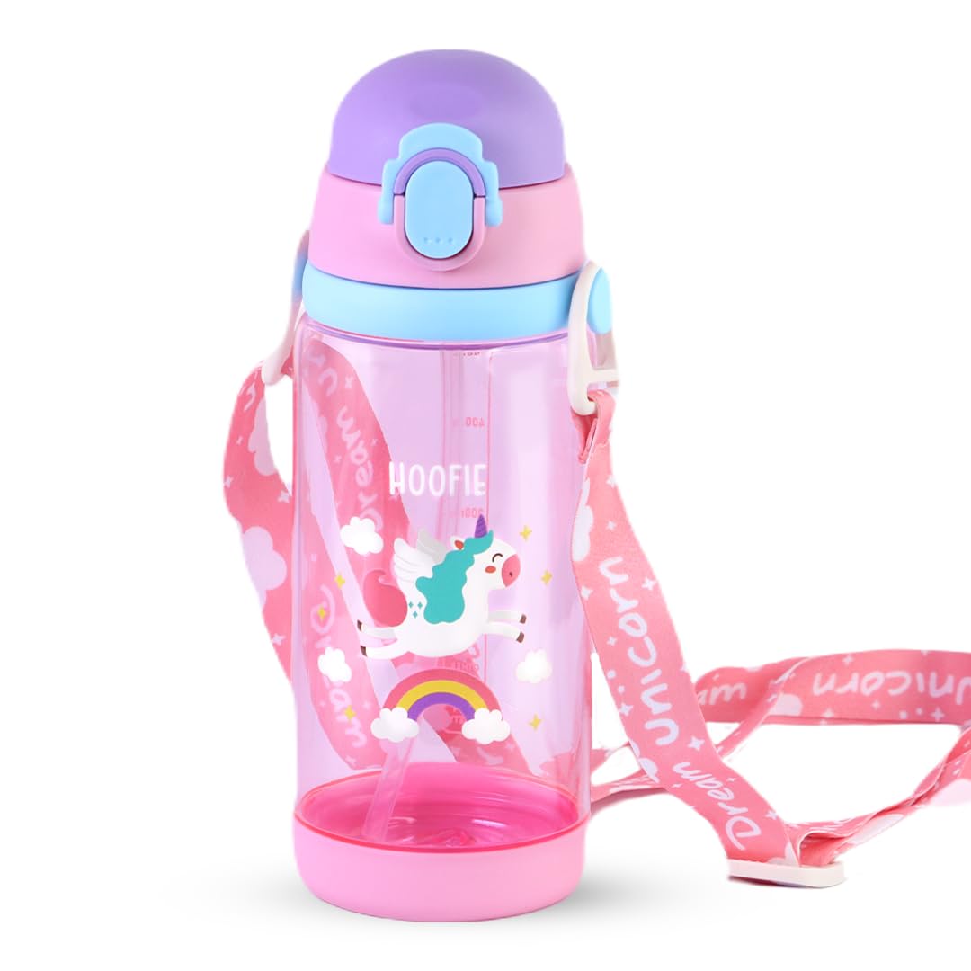 Cute Super Unicorn Sippy Cup Plastic Water Bottle with Straw & Strap For Kids - 600ml - Multicolor