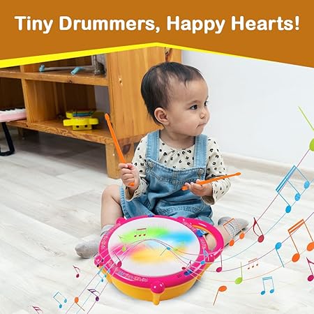 Battery Operated 3D Flash Drum Toy with Flash Light & Music Effects | Dynamic Musical Instrument Toy with 2 Mallets for Toddlers