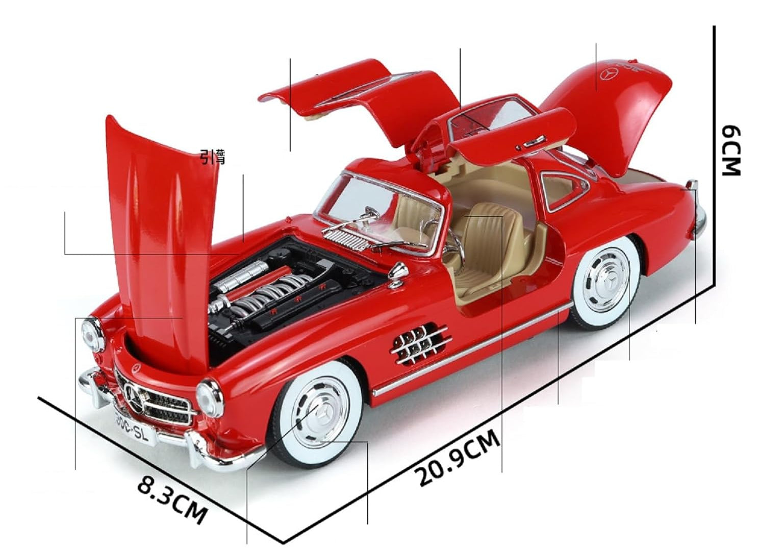 Die-cast Car Model Car Pull Back car with Openable Doors with Sound Light Doors & Light Music Mercedes BENZ SL-300 Classic