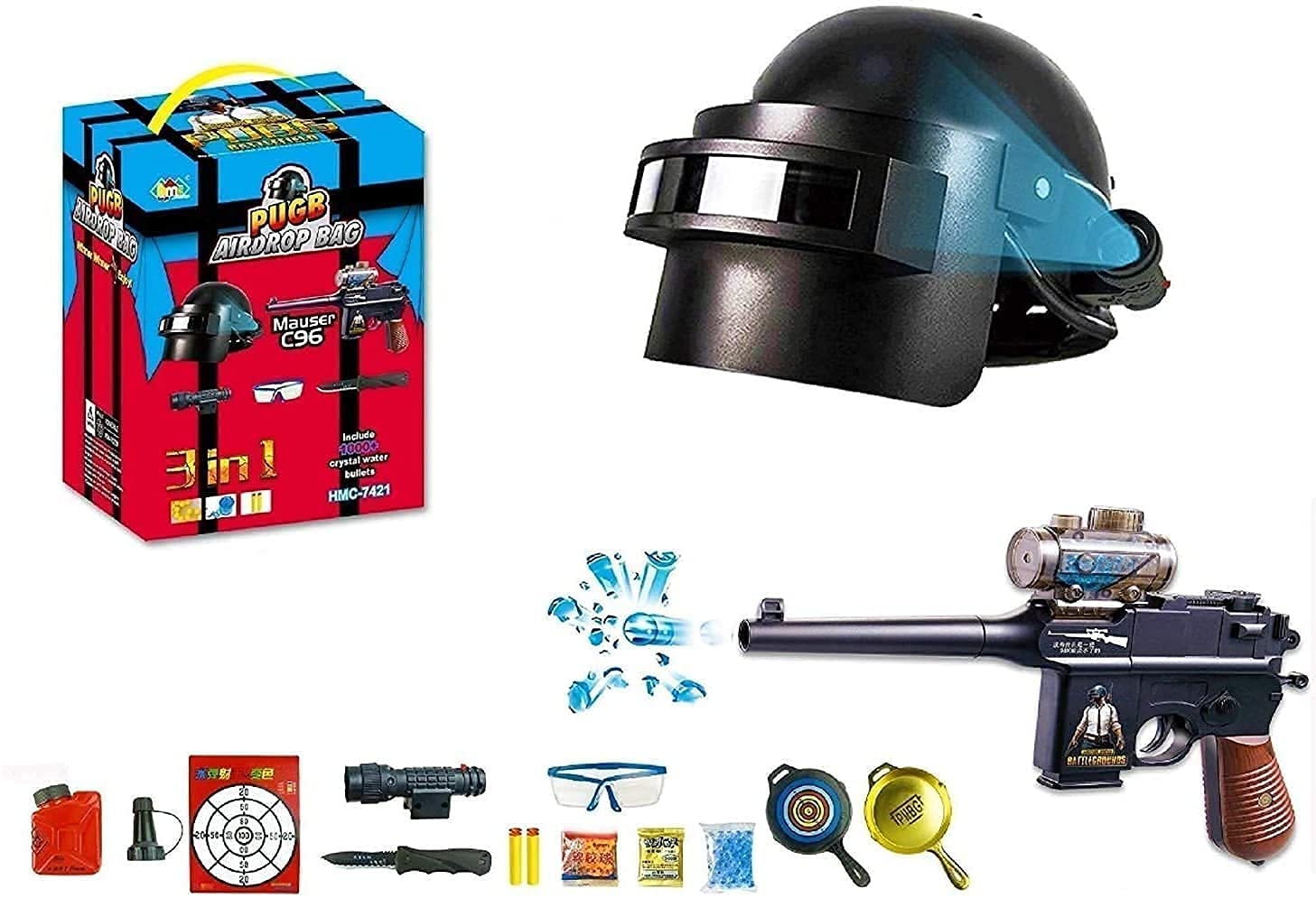 Gun Water Bullet Soft Dart Bullets PUBG Themed Airdrop Bag and Helmet with Black Box Weapon Toy for Kids Helmet Combat Set Role Play Series