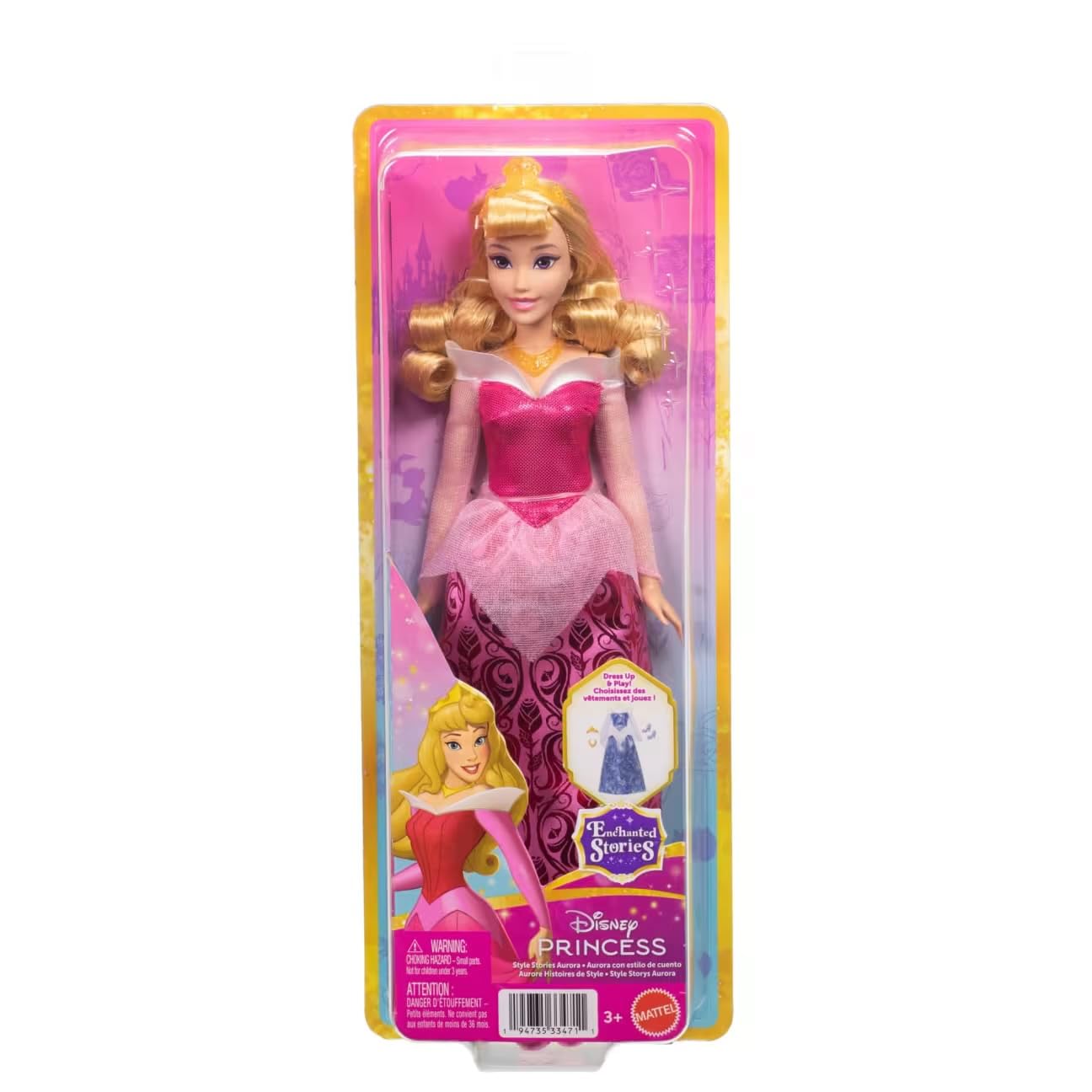 Mattel Disney Princess Enchanted Stories Aurora Fashion Doll, Posable Sleeping Beauty Doll with Sparkling Pink Dress, Tiara and Accessories, Toy for Kids Ages 3+