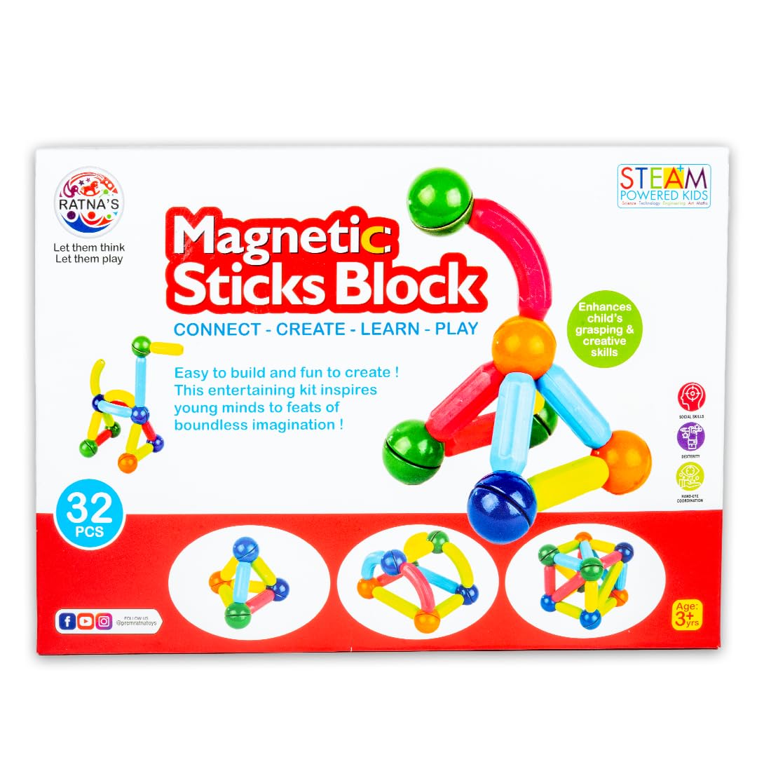 Ratna's Magnetic Building Blocks Set, 32 Pieces, STEAM Learning Educational Toy with Magnetic Colourful Sticks and Balls for Kids 3+ Years