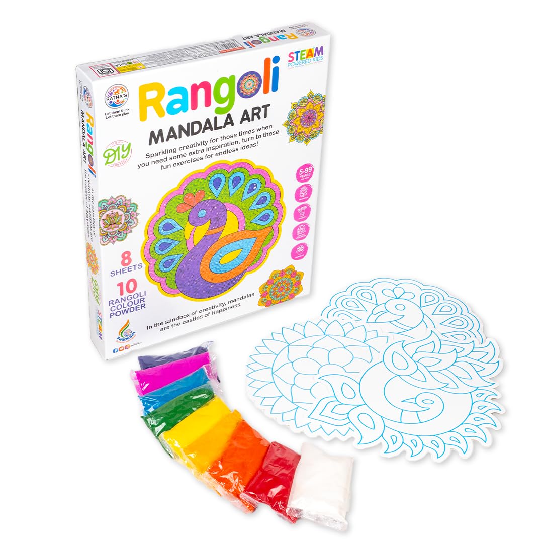 Ratna's Rangoli Mandala Art - 8 Sticky Sheets with 10 Rangoli Color Powder - DIY Creative Activity Kit for Kids & Adults