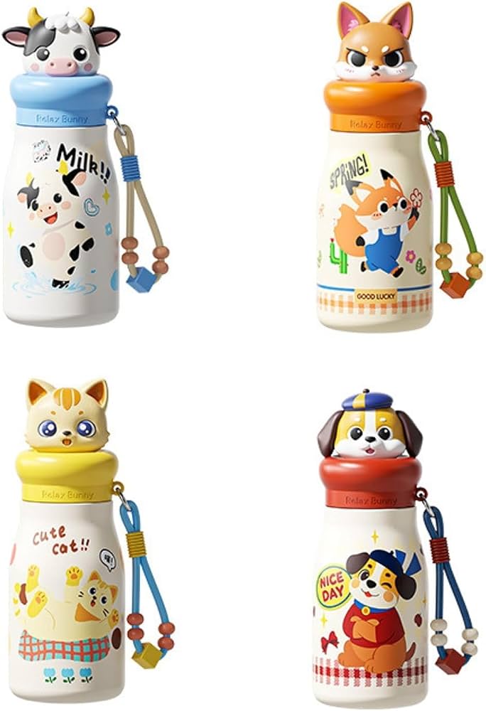 Cute Cartoon Character Stainless Steel Water Bottle with Straw, Infuser & Carrying Strap – Insulated Hot & Cold Drink Flask for Kids, School & Travel - 500ML