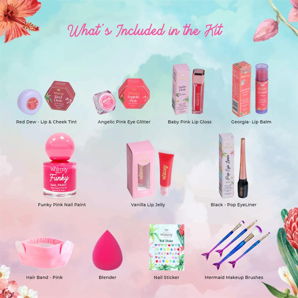 Whimsy Beauty Organic & Safe Blossom Makeup Kit| Safe, Non-Toxic Beauty Set for Girls & Teens |Eye Glitter, Lip Cheek Tint, Lip Gloss, Eye Liner, Nail Paint and Mermaid Brushes (Pack of 14)
