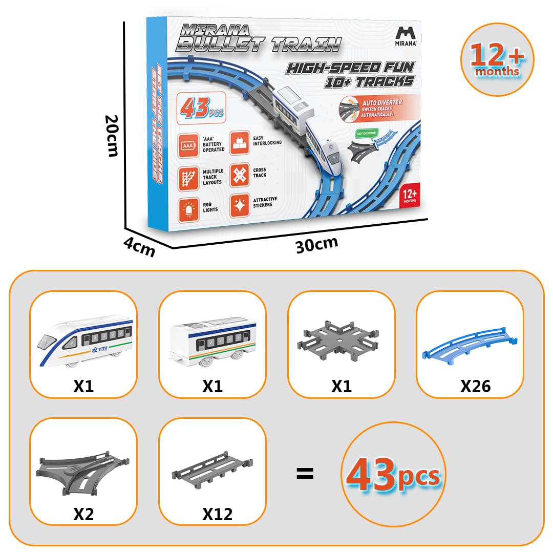 Mirana Bullet Train Toy Set for Kids - Multiple Railway Track Layout, AAA Battery Operated, Fun Gift for Boys & Girls 1+ Years, Made in India (Basic - 43 pcs)