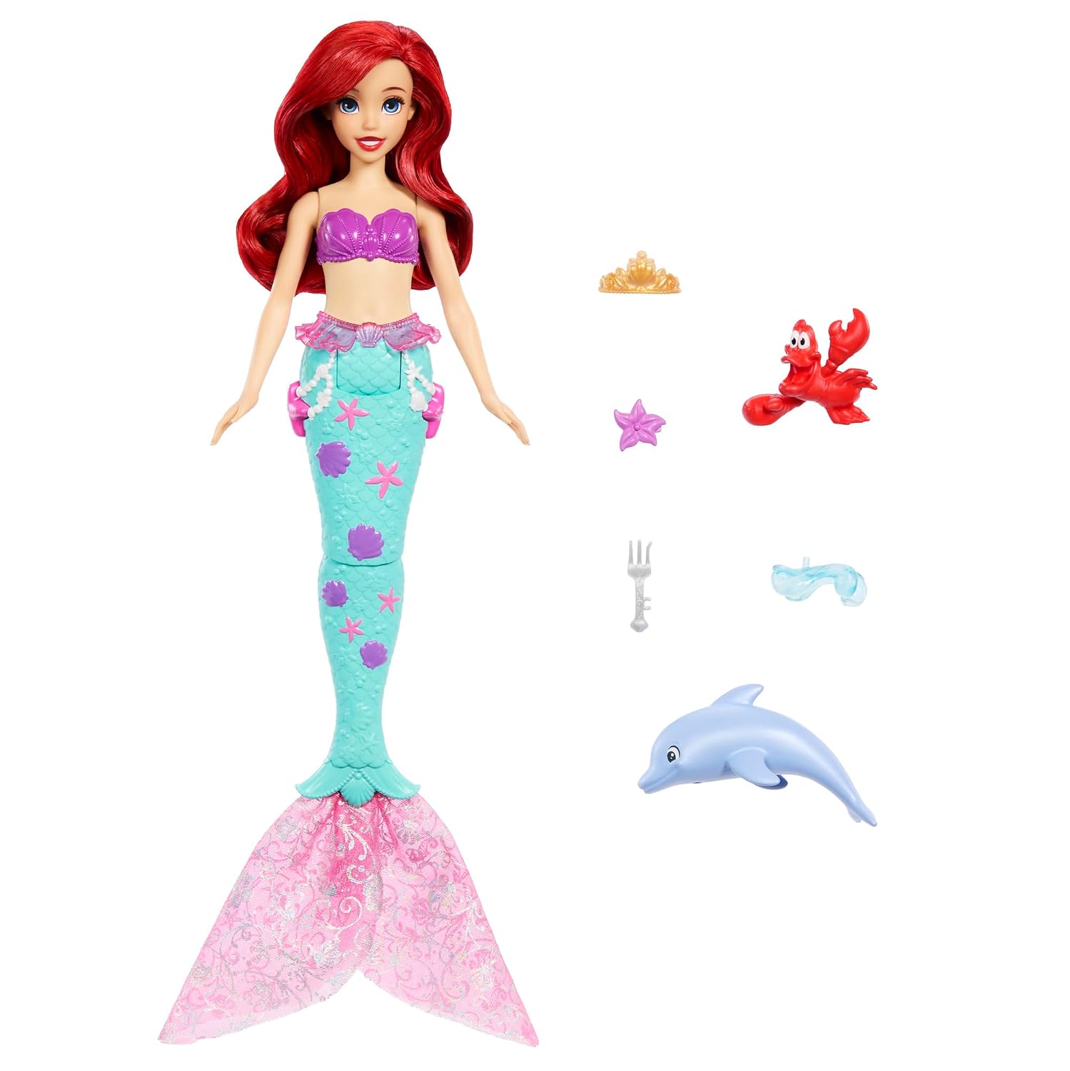 Mattel Disney Princess Ariel Swimming Mermaid Fashion Doll with Dolphin Water Squirter, Sebastian Figure & 4 Accessories, Ocean Friends Water Toy