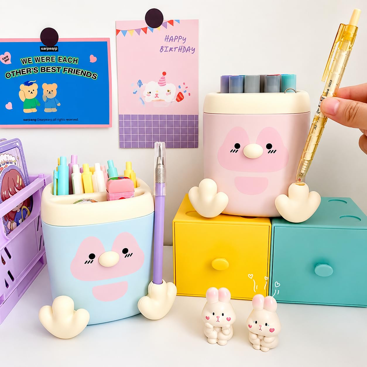 Cartoon Penguin Desk Pen Stand – 2 Section Storage with Sharpener & Pen Holder for Kids - Assorted