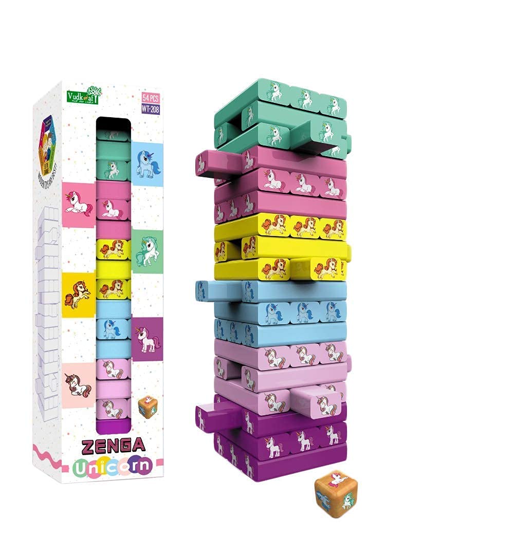 Wooden Unicorn/Dinosaur Tower Game: Tumbling Blocks Set with 54 Pieces