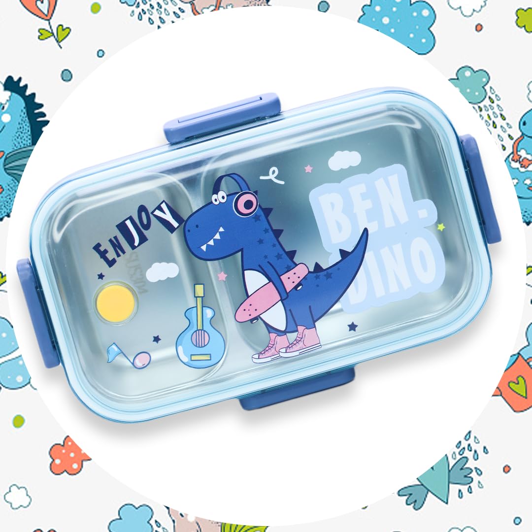 Lunch Box with Inner Stainless Steel 2 Compartment & Assorted Theme Eye Catchy Print Food Grade, Leakproof, Vacuum Seal Design Use for School Kids & Outdoor- 750ml | Assorted