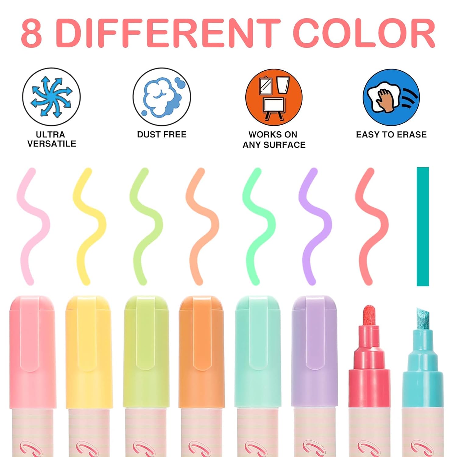 Liquid Chalk Markers for Chalkboard Pastel Colors Wet Erase Pens with 6mm Reversible Tip for Blackboard, Whiteboard, Windows, Glass