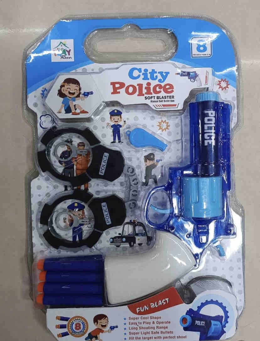 City Police Soft Blaster Toy for Kids, Packet of Gun, Handcuff & Key, Whistle, 8 Darts, Fun Activity for Kids, Adventure and Action Game for Kids