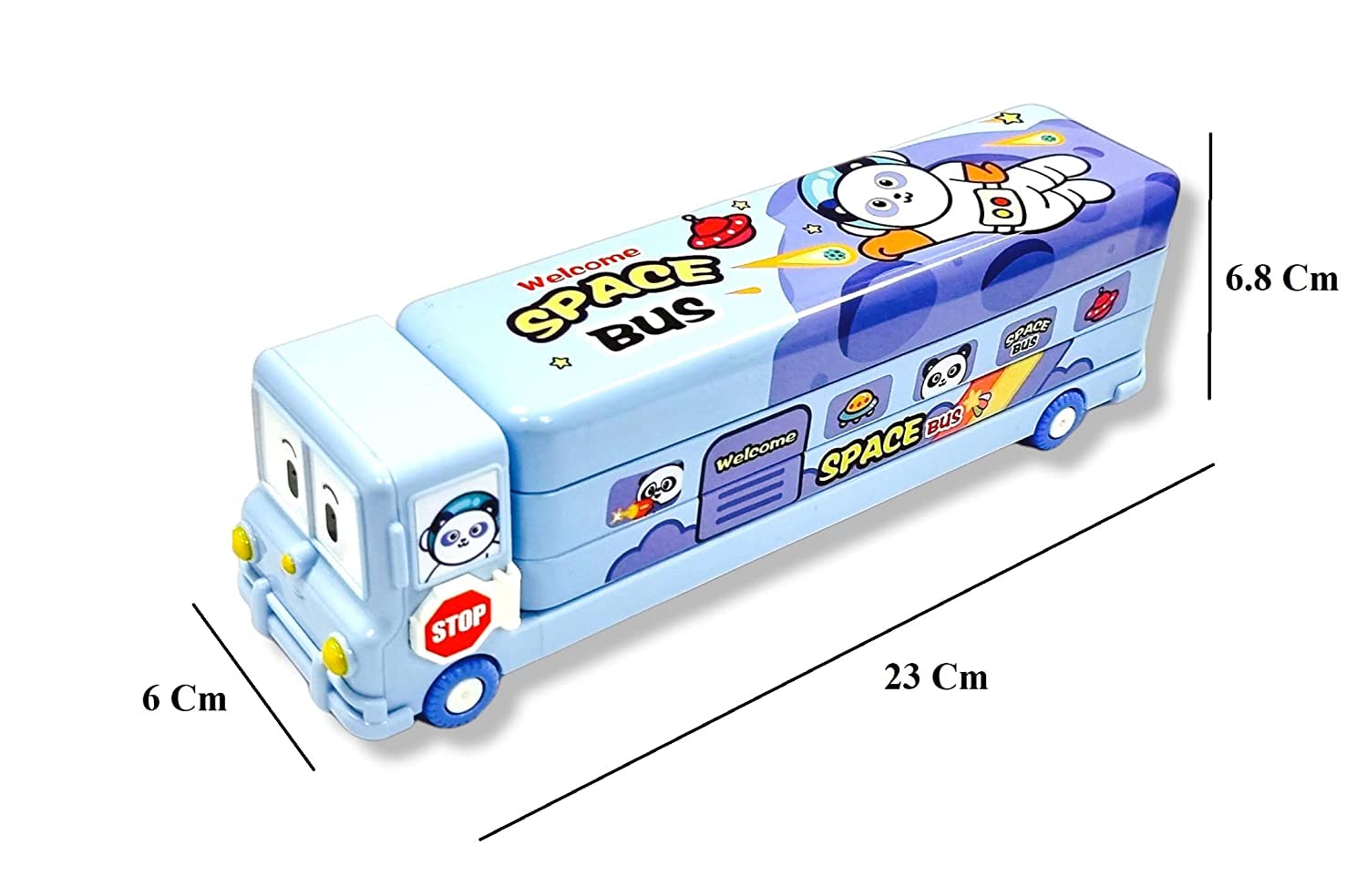 Metal Bus Pencil Box - School Bus Pencil Case for Kids, Metal Stationery Organiser, Pencil Box with Sharpener and Moving Wheels
