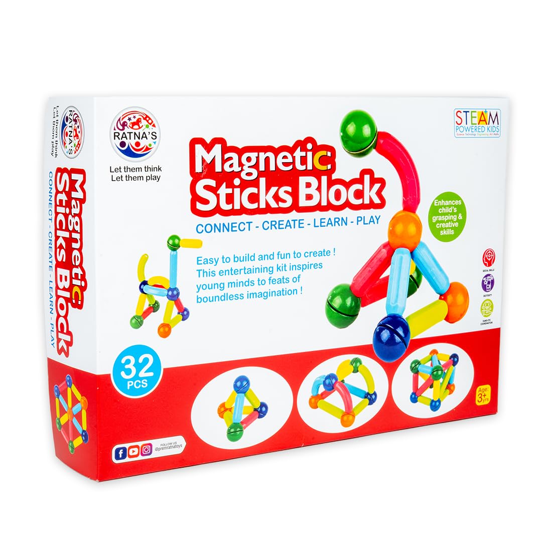 Ratna's Magnetic Building Blocks Set, 32 Pieces, STEAM Learning Educational Toy with Magnetic Colourful Sticks and Balls for Kids 3+ Years