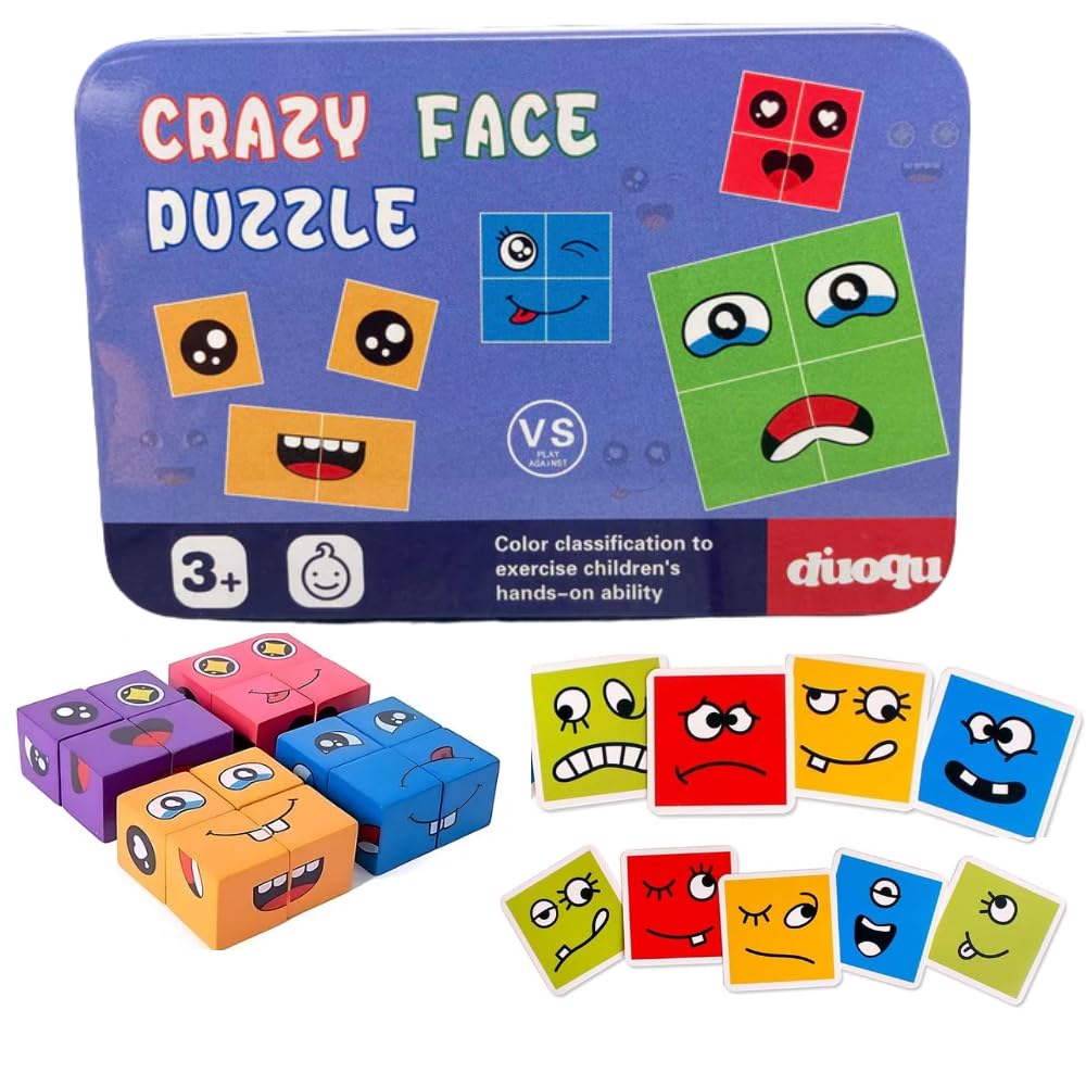 Kids Face Changing Magic Cube Puzzle for Kids, Rubik’s Cube Face Expression Toy, 16 Wooden Puzzles and 72 Playing Cards Expression Matching Emoji Educational Toy