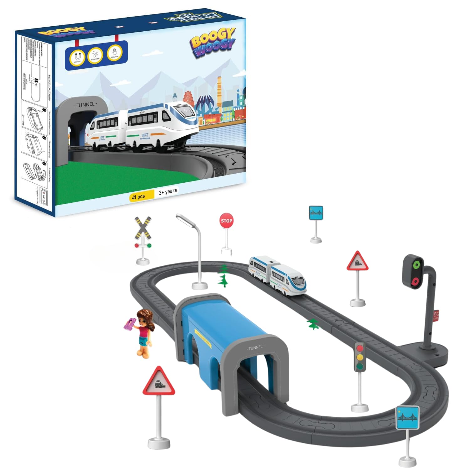 Boogy Woogy Indian City Train Magnetic Connectors DIY Assembly Battery-Powered Track Car Set for Kids - 49pcs