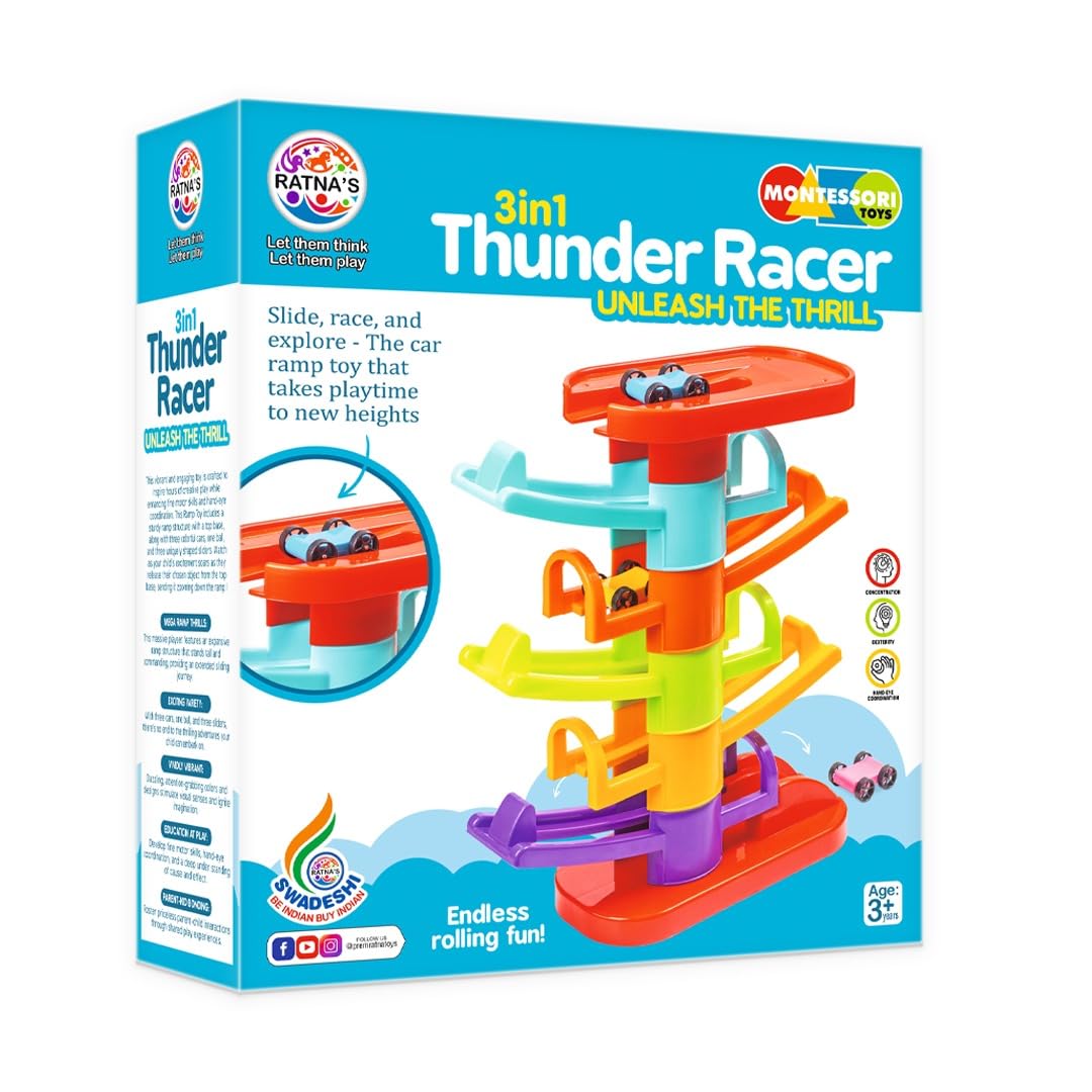 Ratna's 3 in 1 Thunder Racer Track Car Ramp 5 Layer Ball Drop & Roll Swirling Tower Toys for kids Multicolor