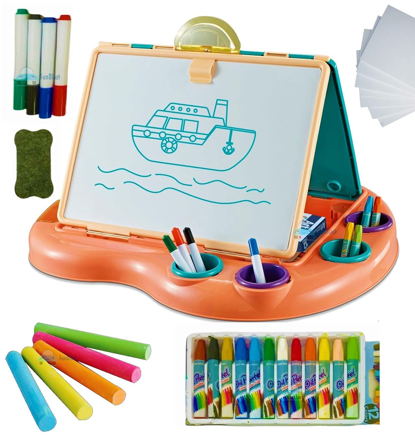 2-in-1 Multifunctional Whiteboard and Blackboard Slate for Kids - Learning Toy with Colors & Stationary Items for Kids School Supplies