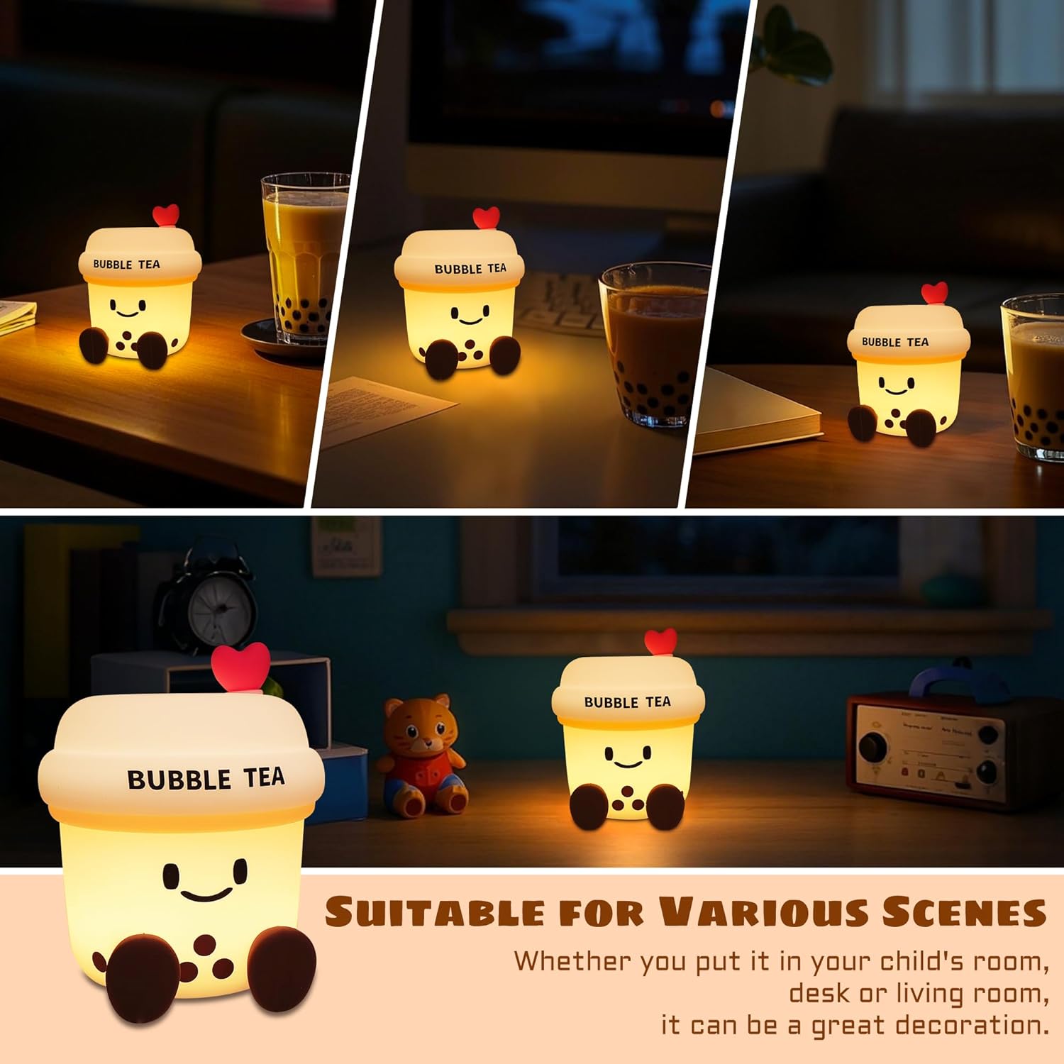 Cute Night Light for Kids, Bubble Boba Tea Silicon Lamp Rechargeable