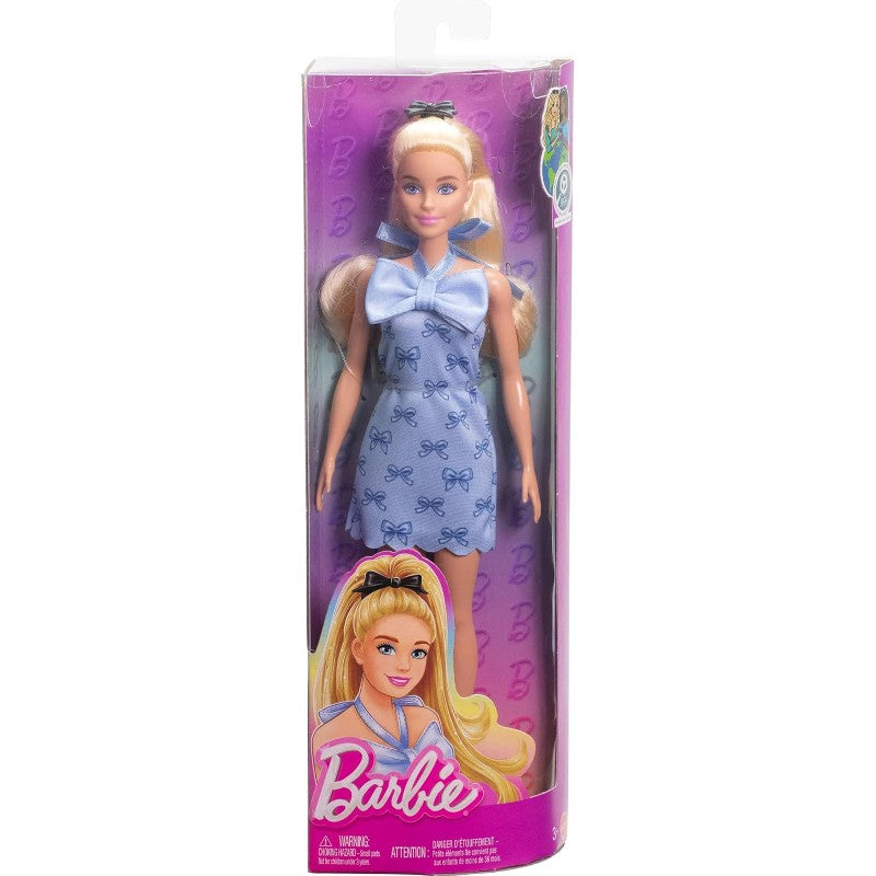 Barbie Fashionistas Doll #237 with Wavy Blonde Ponytail Wearing Blue Bow Halter Dress, Black Hair Bow Accessory and Matching Blue Heels
