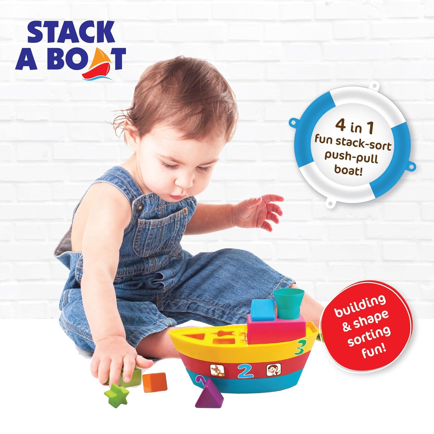 Giggles Funskool - Stack A Boat, 2 In 1 Pull Along Toy, Walking, Shape Sorting, Pretend Play, Multicolour